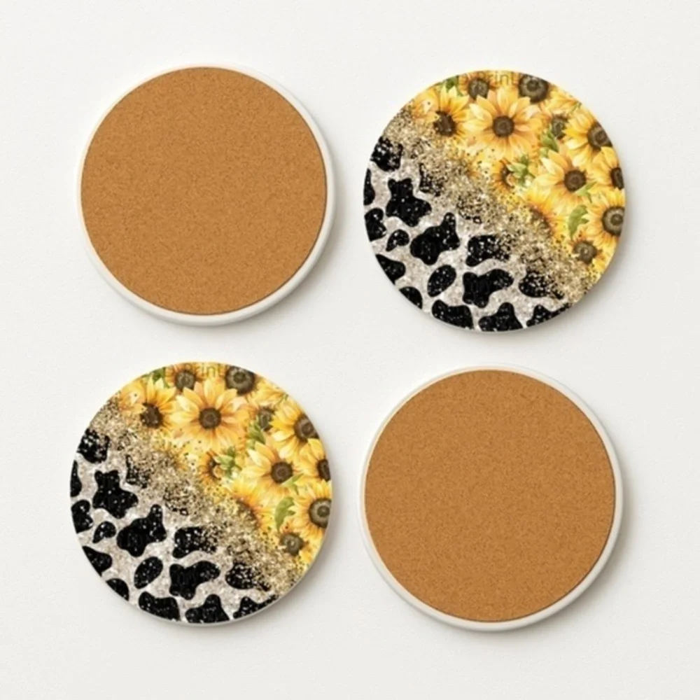Sunflower Cow Print Ceramic Bar Coaster Set